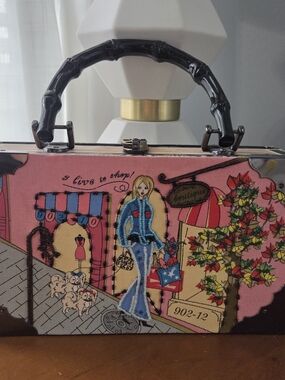 Pink Illustrated Top-Handle Mini Bag with Black Bamboo Handle